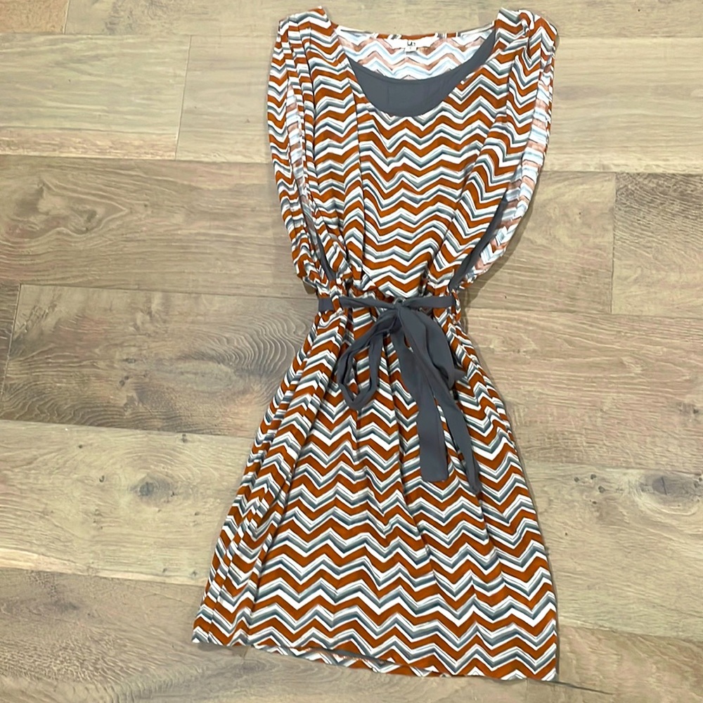 Ya LA ladies S belted dress, burnt orange & charcoal grey w/ attached  lining
